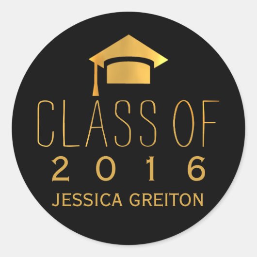 トレンディーブラックと金ゴールド2016年卒業キャップのクラス ラウンドシール (正面)