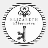 トレンディーブラックアンティークヴィンテージ鍵&ブラックストライプズ ラウンドシール (正面)