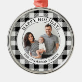 トレンディーブラックアンドホワイトプレイドハッピーホリデイズ メタルオーナメント (正面)