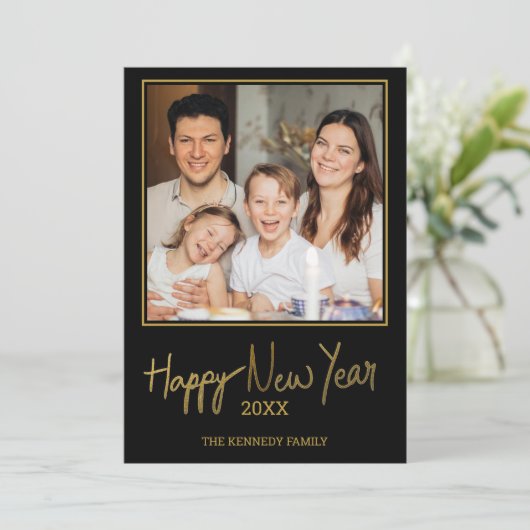 トレンディーブラックアンド金ゴールドハッピーニューイヤー写真 シーズンカード (スタンド正面)