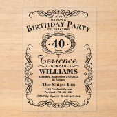 トレンディーブラックタイポグラフィ大人誕生日 アクリル招待状 (正面)