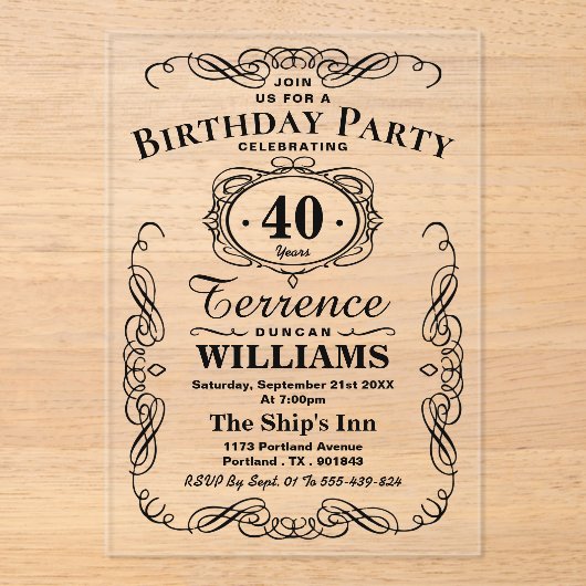 トレンディーブラックタイポグラフィ大人誕生日 アクリル招待状 (正面)