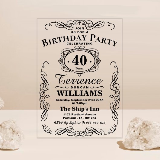 トレンディーブラックタイポグラフィ大人誕生日 アクリル招待状