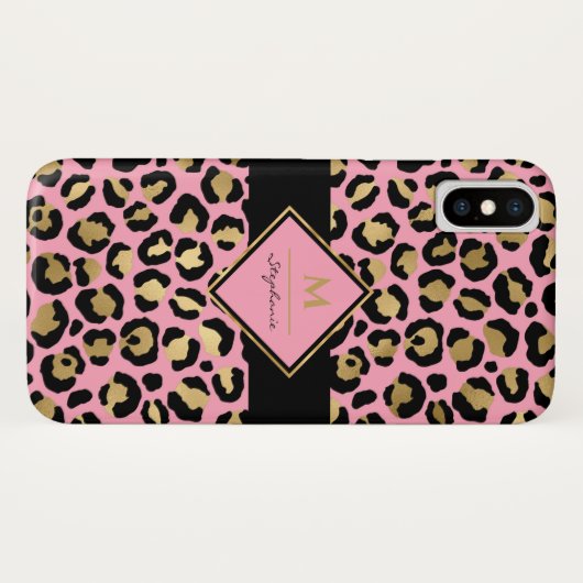 トレンディーブラックピンクと金ゴールドヒョウ印刷 |モノグラム Case-Mate iPhoneケース (裏面(横))
