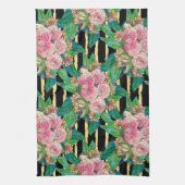 トレンディーブラックピンク花金ゴールドストライプ植物学 キッチンタオル (縦)