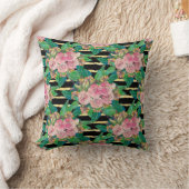 トレンディーブラックピンク花金ゴールドストライプ植物学 クッション (ブランケット)