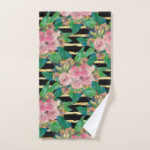 トレンディーブラックピンク花金ゴールドストライプ植物学 バスタオルセット (ハンドタオル)