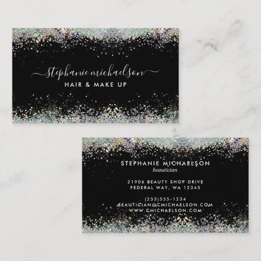トレンディーブラックホログラフィックグリッターヘア化粧サロン 名刺 (正面/裏面)
