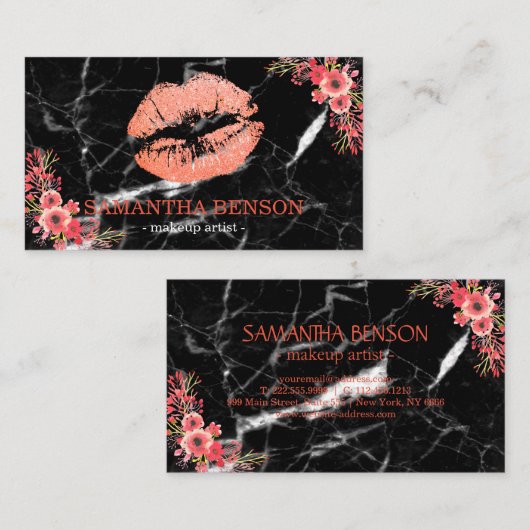 トレンディーブラックマーブルバラ金ゴールドリップメイクアップアーティスト 名刺 (正面/裏面)
