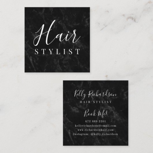 トレンディーブラック大理石美容師スクリプトの署名 スクエア名刺 (正面/裏面)