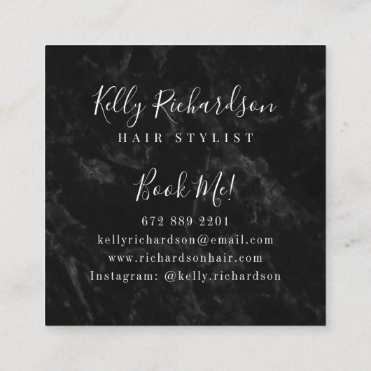 トレンディーブラック大理石美容師スクリプトの署名 スクエア名刺 (裏面)