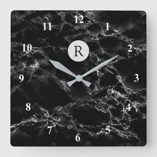トレンディーブラック大理石 – 文字を追加/ロゴ/詳細 スクエア壁時計 (正面)