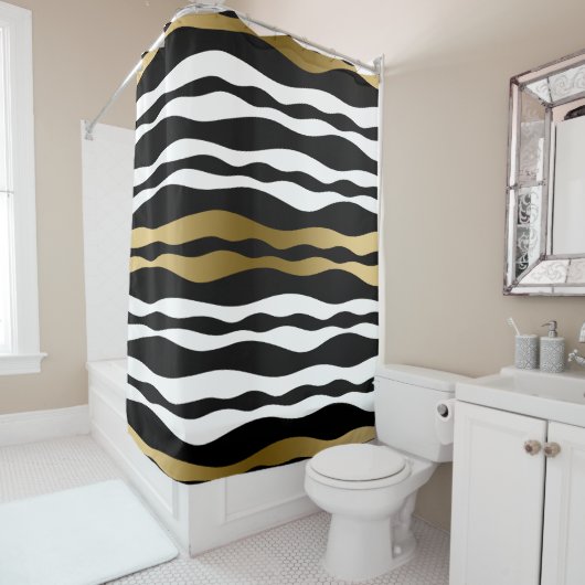 トレンディーブラック抽象芸術縞模様金ゴールドアクセント シャワーカーテン (インサイチュ)