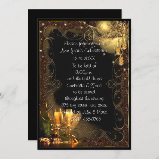 トレンディーブラック金ゴールドシャンパンニューイヤーパーティー 招待状 (正面/裏面)