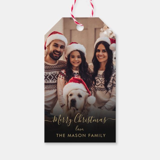 トレンディーブラック金ゴールドスクリプトファミリーフォトクリスマス ギフトタグ (正面)