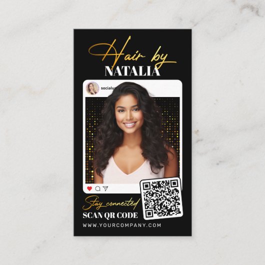 トレンディーブラック金ゴールドスパークルフォトヘアスタイリスト 名刺 (正面)