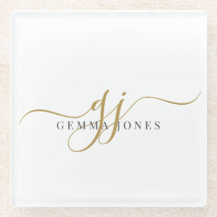 トレンディーブラック金ゴールドモノグラムイニシャルスクリプト名 ガラスコースター