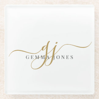 トレンディーブラック金ゴールドモノグラムイニシャルスクリプト名 ガラスコースター