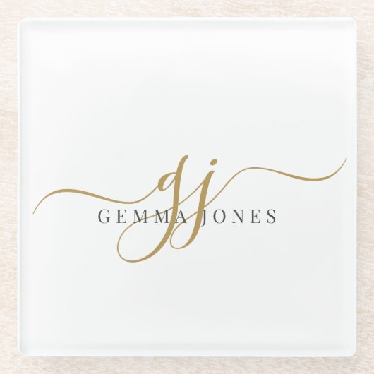 トレンディーブラック金ゴールドモノグラムイニシャルスクリプト名 ガラスコースター (正面)
