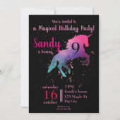 トレンディーブラック&ピンクマジカルユニコーン誕生日 招待状 (正面)