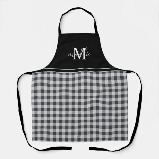 トレンディーブラック&ホワイトバッファロープレイドモノグラムの エプロン (正面)