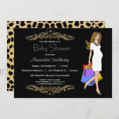 トレンディーブラック&レオパード印刷ショッピングママ 招待状 (正面/裏面)