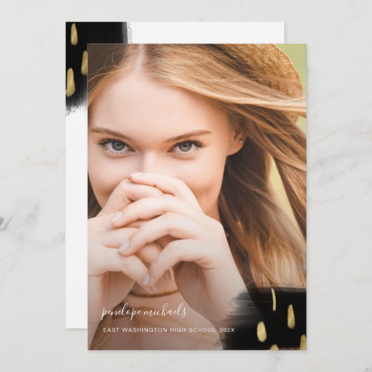 トレンディーブラック&金ゴールドスプラッシュ卒業パーティー 招待状 (正面/裏面)