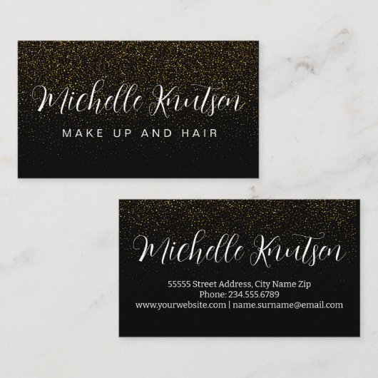 トレンディーブラック&金ゴールドメイクアップアーティストヘアサロン 名刺 (正面/裏面)