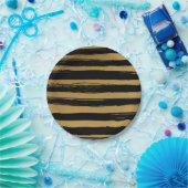 トレンディーブラック&金ゴールド ストライプの ペーパープレート (パーティー)