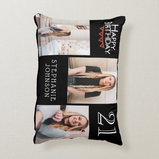 トレンディーブラックHappy 21st誕生日フォトコラージュ アクセントクッション (裏面(縦))