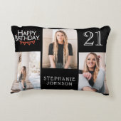 トレンディーブラックHappy 21st誕生日フォトコラージュ アクセントクッション (裏面)