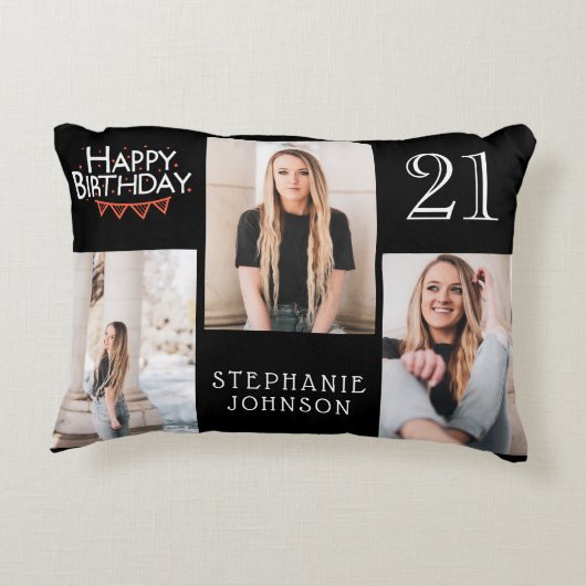 トレンディーブラックHappy 21st誕生日フォトコラージュ アクセントクッション (裏面)