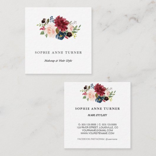 トレンディーブルゴーニュフラワーズプロフェッショナル美しいサロン スクエア名刺 (正面/裏面)