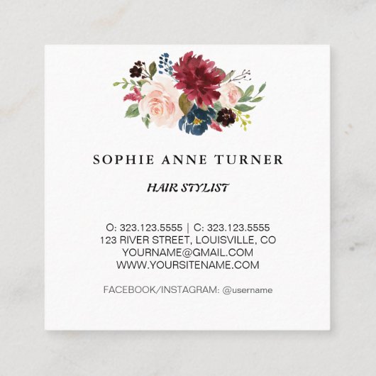 トレンディーブルゴーニュフラワーズプロフェッショナル美しいサロン スクエア名刺 (裏面)