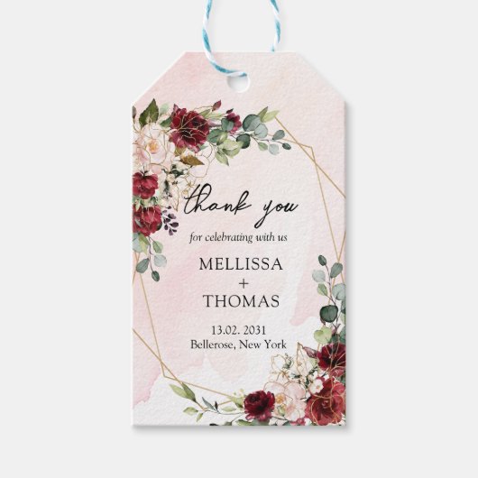 トレンディーブルゴーニュフローラユーカリ及び金ゴールド結婚ズ ギフトタグ (正面)