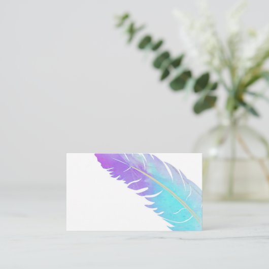 トレンディーブルーとパープルの水色の羽カスタム毛 名刺 (スタンド正面)