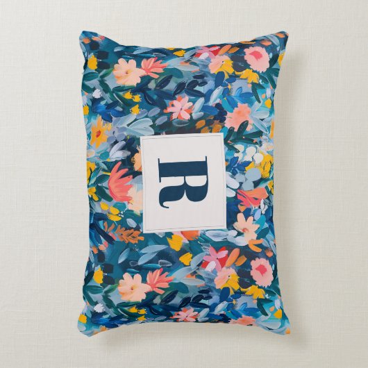 トレンディーブルーとピンクの抽象芸術植物単図 アクセントクッション (正面(垂直))