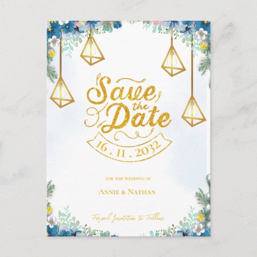 トレンディーブルーイエローフローラとランタン結婚ズ 案内ポストカード (正面)