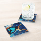 トレンディーブルーイエロー金ゴールドフェイク大理石 ガラスコースター (アングル)