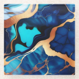 トレンディーブルーイエロー金ゴールドフェイク大理石 ガラスコースター