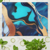 トレンディーブルーイエロー金ゴールドフェイク大理石 キッチンタオル (折り畳み)