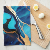 トレンディーブルーイエロー金ゴールドフェイク大理石 キッチンタオル (四つ折り)