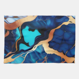 トレンディーブルーイエロー金ゴールドフェイク大理石 キッチンタオル