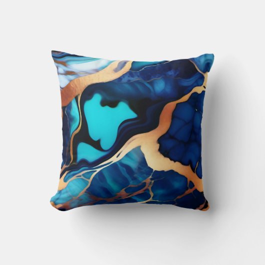 トレンディーブルーイエロー金ゴールドフェイク大理石 クッション (正面)