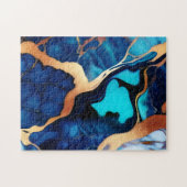 トレンディーブルーイエロー金ゴールドフェイク大理石 ジグソーパズル (横)