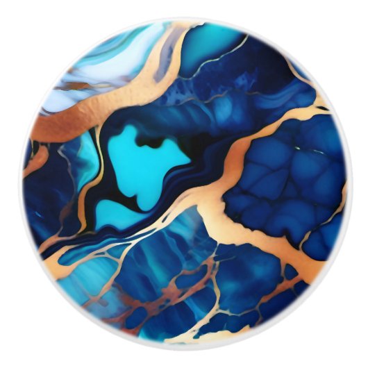 トレンディーブルーイエロー金ゴールドフェイク大理石 セラミックノブ (正面)