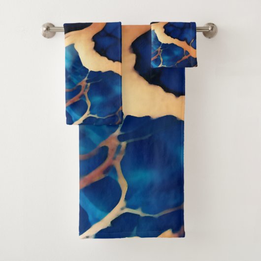 トレンディーブルーイエロー金ゴールドフェイク大理石 バスタオルセット (インサイチュ)