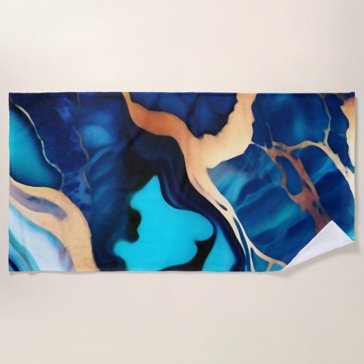 トレンディーブルーイエロー金ゴールドフェイク大理石 ビーチタオル (正面)