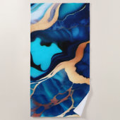 トレンディーブルーイエロー金ゴールドフェイク大理石 ビーチタオル (正面)