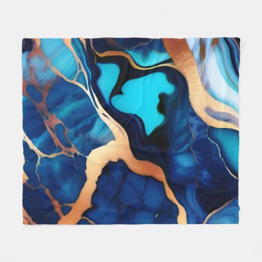 トレンディーブルーイエロー金ゴールドフェイク大理石 フリースブランケット (正面(横))